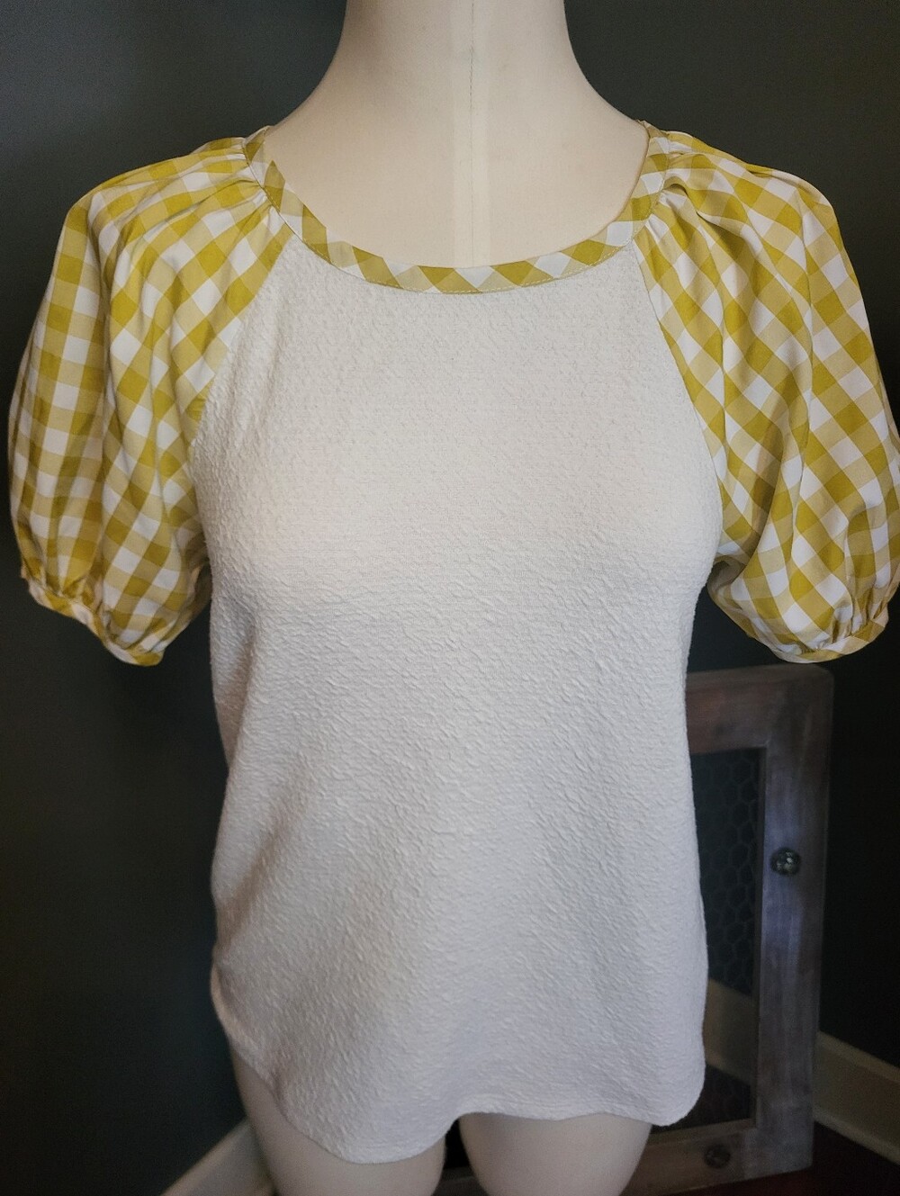 Women's White Top with Yellow Gingham Puff Sleeves
